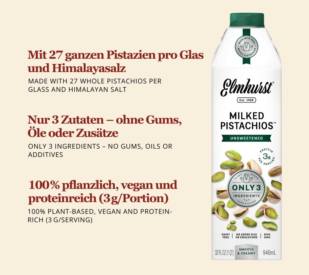 27 ganze Pistazien pro Glas | 100 % pflanzlich, vegan & laktosefrei | Ohne Zuckerzusatz, Emulgatoren, Gums oder Öle | Europaweiter Versand | Jetzt bestellen!