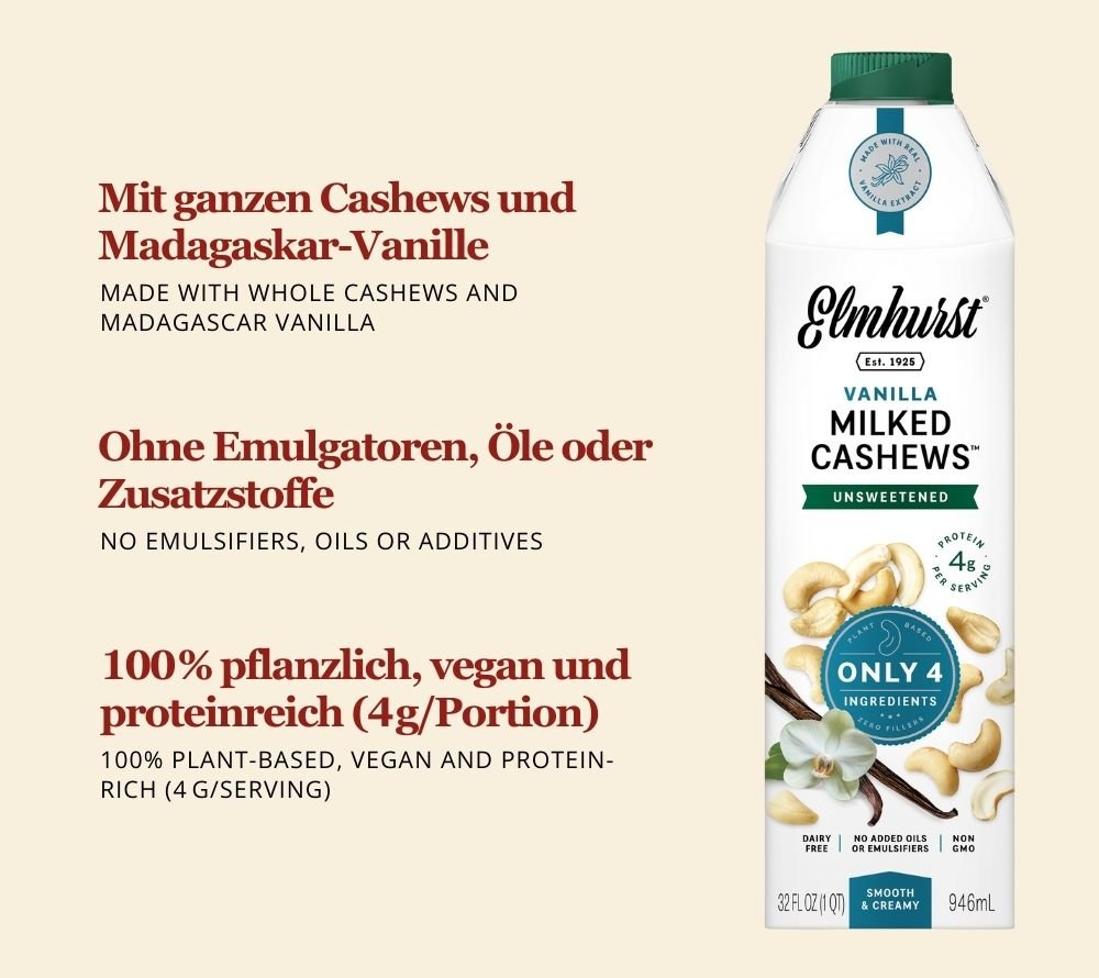 Cremige Cashewmilch mit echter Madagaskar-Vanille | 100 % pflanzlich, vegan & laktosefrei | Ohne Zuckerzusatz, ohne Emulgatoren oder Stabilisatoren | Jetzt bestellen!