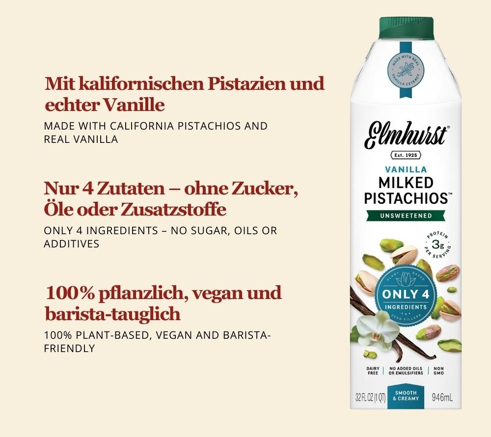 Kalifornische Pistazien mit feiner Tahiti-Vanille | 100 % pflanzlich, vegan & laktosefrei | Barista-tauglich & schäumbar | Europaweiter Versand | Jetzt bestellen!