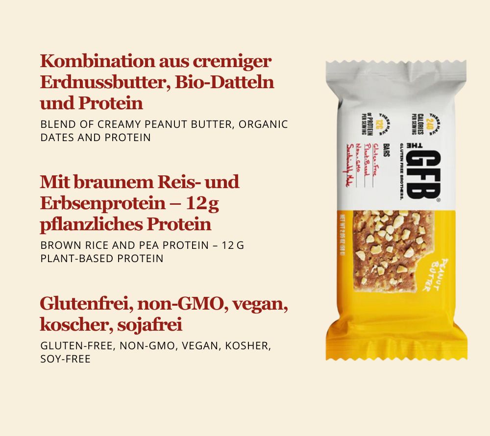 Peanut Butter Bar von The Gluten Free Brothers kaufen – cremige Erdnussbutter, proteinreich, vegan & glutenfrei. Perfekt als Snack oder Energiekick.