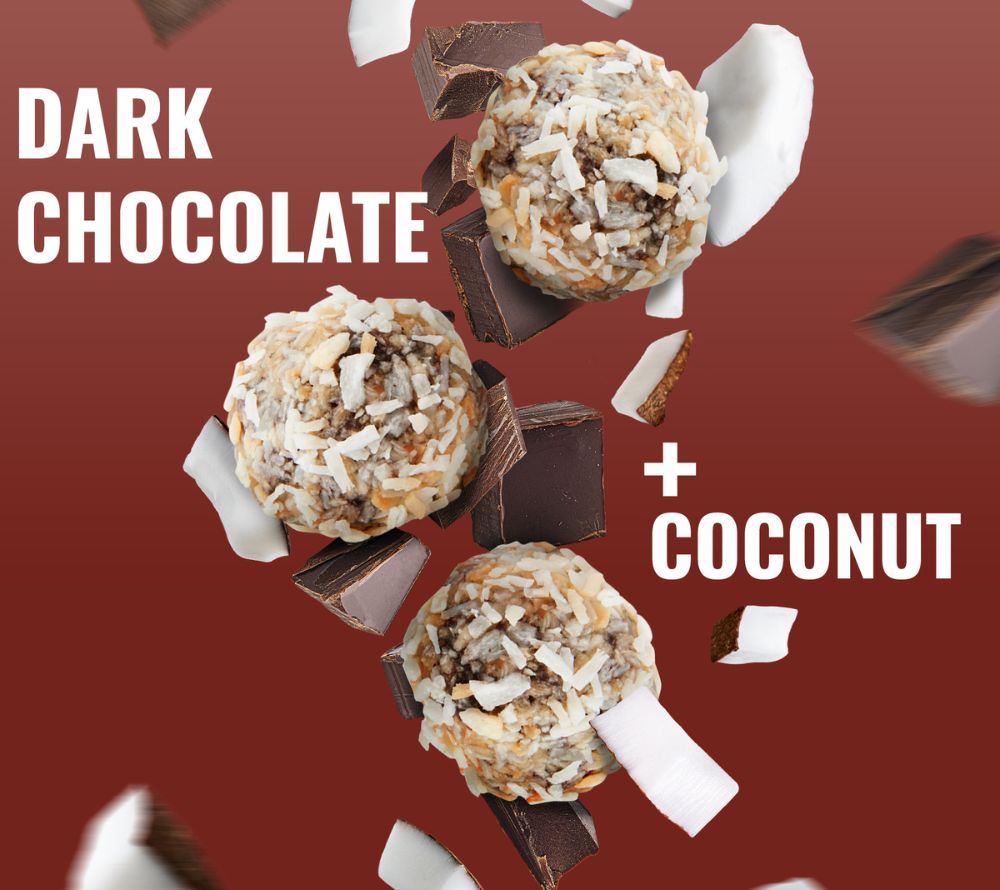 Dark Chocolate Coconut Bites online kaufen – zartbittere Schokolade trifft Kokos, vegan, glutenfrei & proteinreich bei Ryan’s Specialties.