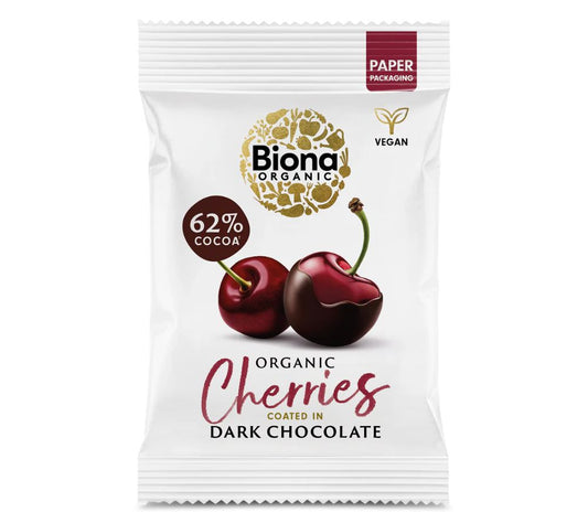 Biona Organic Dark Chocolate Coated Cherries bei Ryan's Specialties kaufen – Bio, Fairtrade, vegan & fruchtig-schokoladig für Snack, Dessert oder Geschenk.