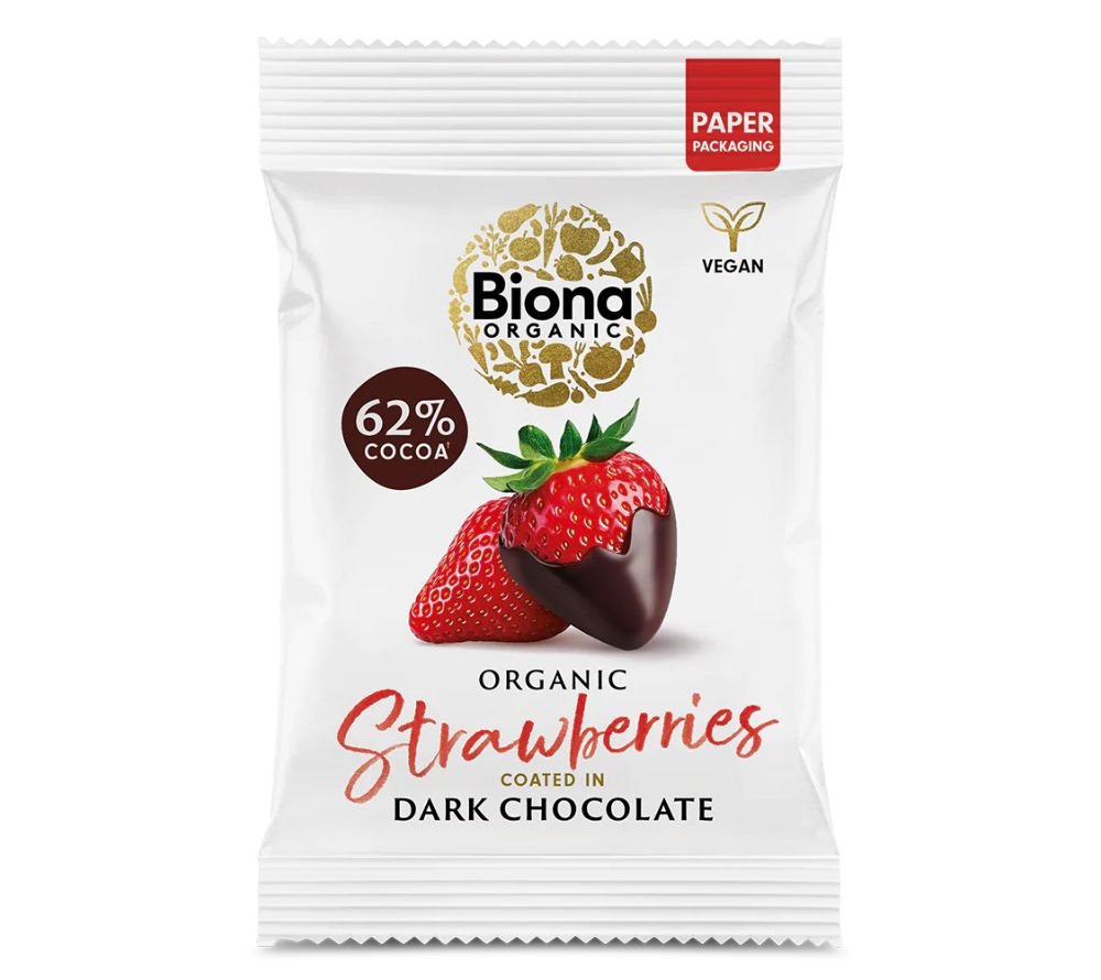 Biona Organic Dark Chocolate Coated Strawberries bei Ryan's Specialties kaufen – Bio, Fairtrade, vegan & fruchtig-schokoladig für Snack, Dessert oder Geschenk.
