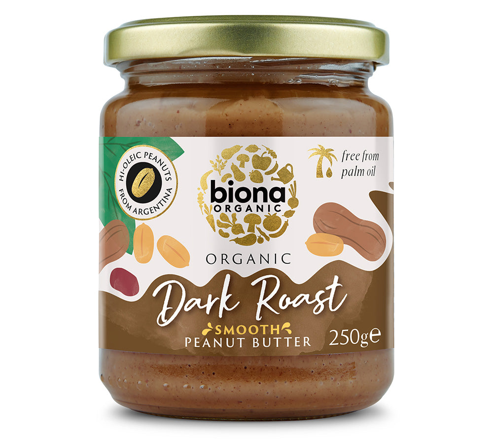 Peanut Butter - Dark Roast, Smooth, Seasalt von Biona Organic ✚ Erdnussbutter ✚ geröstete Nüsse ✚ Große Auswahl ✚ Made in UK