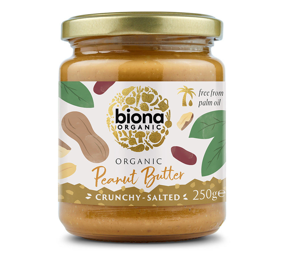 Peanut Butter Crunchy Salted von Biona kaufen | Bio-Erdnussbutter mit crunchy Stückchen, ohne Palmöl | Ideal für Snacks