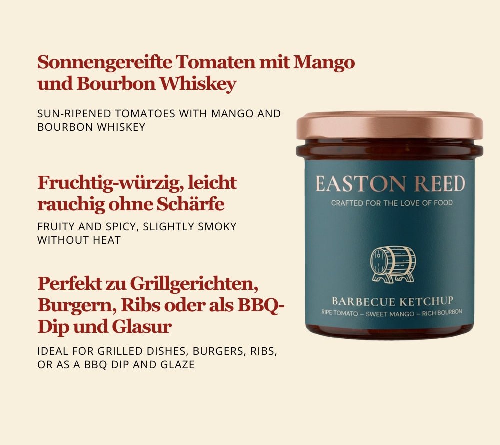 Rauchig, fruchtig, mild gewürzt: Barbecue Ketchup von Easton Reed bringt Sommer, Grillmomente und Geschmack direkt auf den Teller – perfekt für Burger, Fleisch & Gemüse.