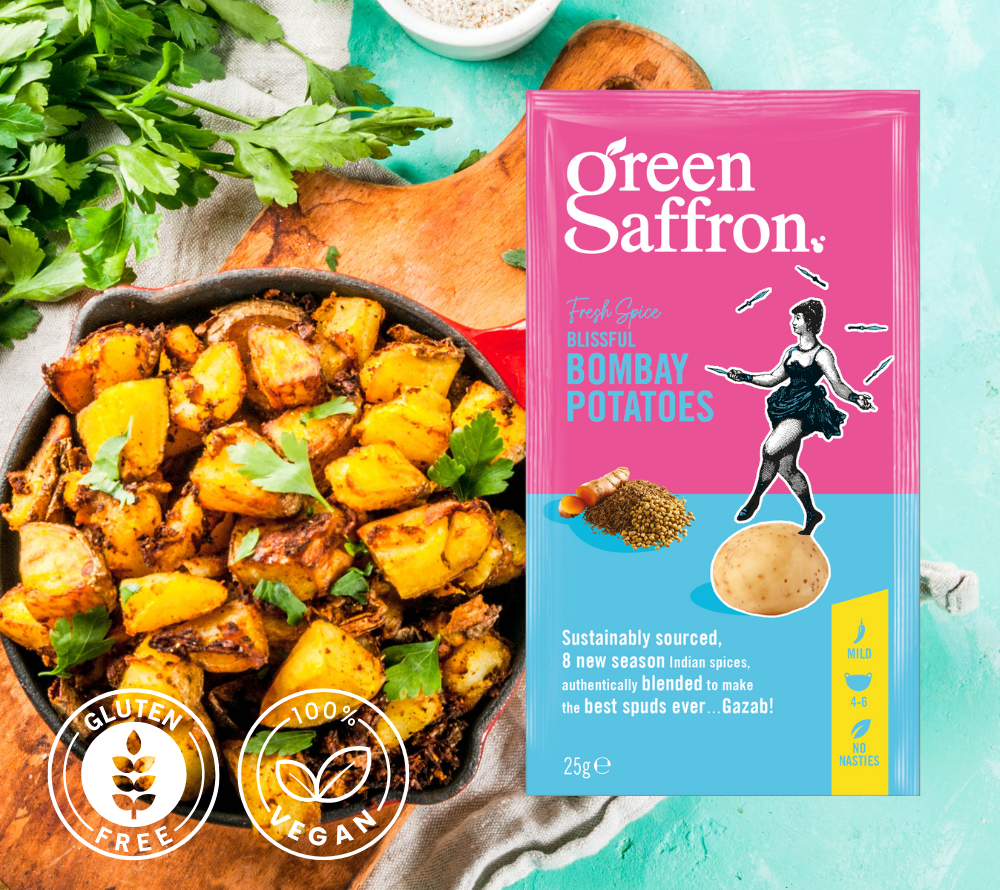 Green Saffron Bombay Potatoes Gewürz kaufen | aus 8 aromatischen Gewürzen | indische Rezeptur | aus nachhaltigem Anbau | Europaweiter Versand | Jetzt probieren!