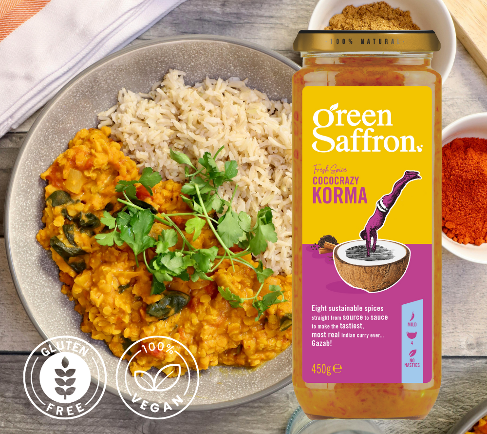 Korma Sauce von Green Saffron kaufen | natürlich, vegan & glutenfrei | echte indische Aromen | mit 8 feinen Gewürzen | EU-weiter Versand | jetzt bestellen!