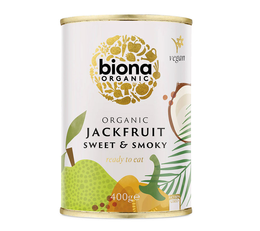 Jackfruit süß und rauchig von Biona kaufen | gebrauchsfertige Jackfruit, reich an Nährstoffen, nachhaltig bezogen | perfekt für Tacos, Sandwiches