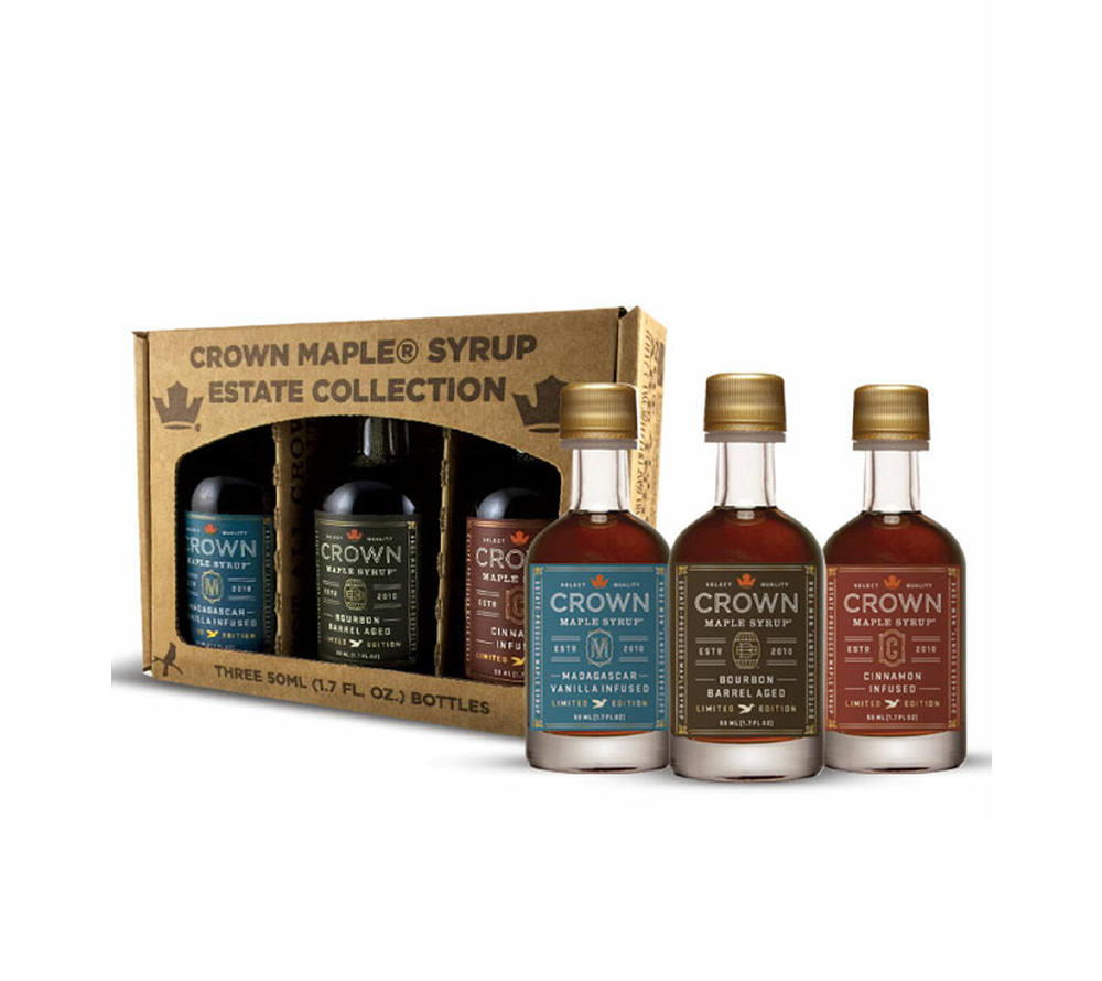 Ahornsirup Petite Infused Trio von Crown Maple kaufen | Vanille, Zimt, Bourbon Barrel | Ideal zum Probieren im Geschenkkarton