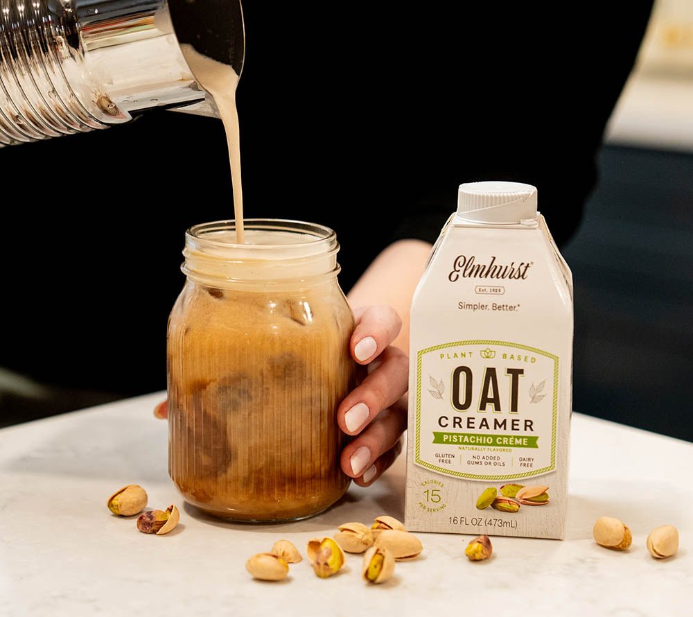 Pistachio Creme Oat Creamer von Elmhurst | Pflanzliche Milchalternative aus Hafer mit Geschmack von Pistazien | 100 % pflanzlich | Jede Tasse wird zum Highlight