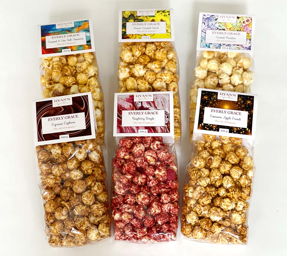 Everly Grace Gourmet-Popcorn kaufen | Handgefertigt in Augsburg | 6 exquisite Sorten | Natürliche Zutaten | Ideal zum Verschenken
