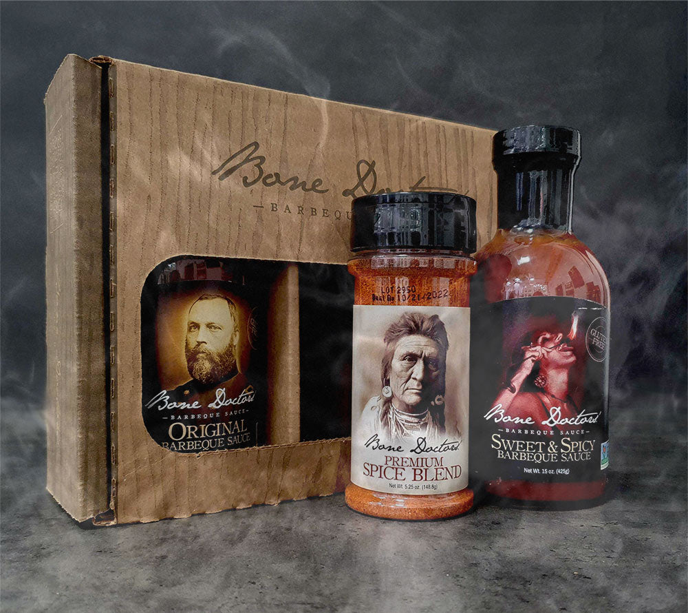 Bone Doctors Saucen-Gewürz-Geschenkset kaufen | Sweet & Spicy Barbecue Sauce, Original Barbecue Sauce und Premium Spice | Ideal als Geschenk