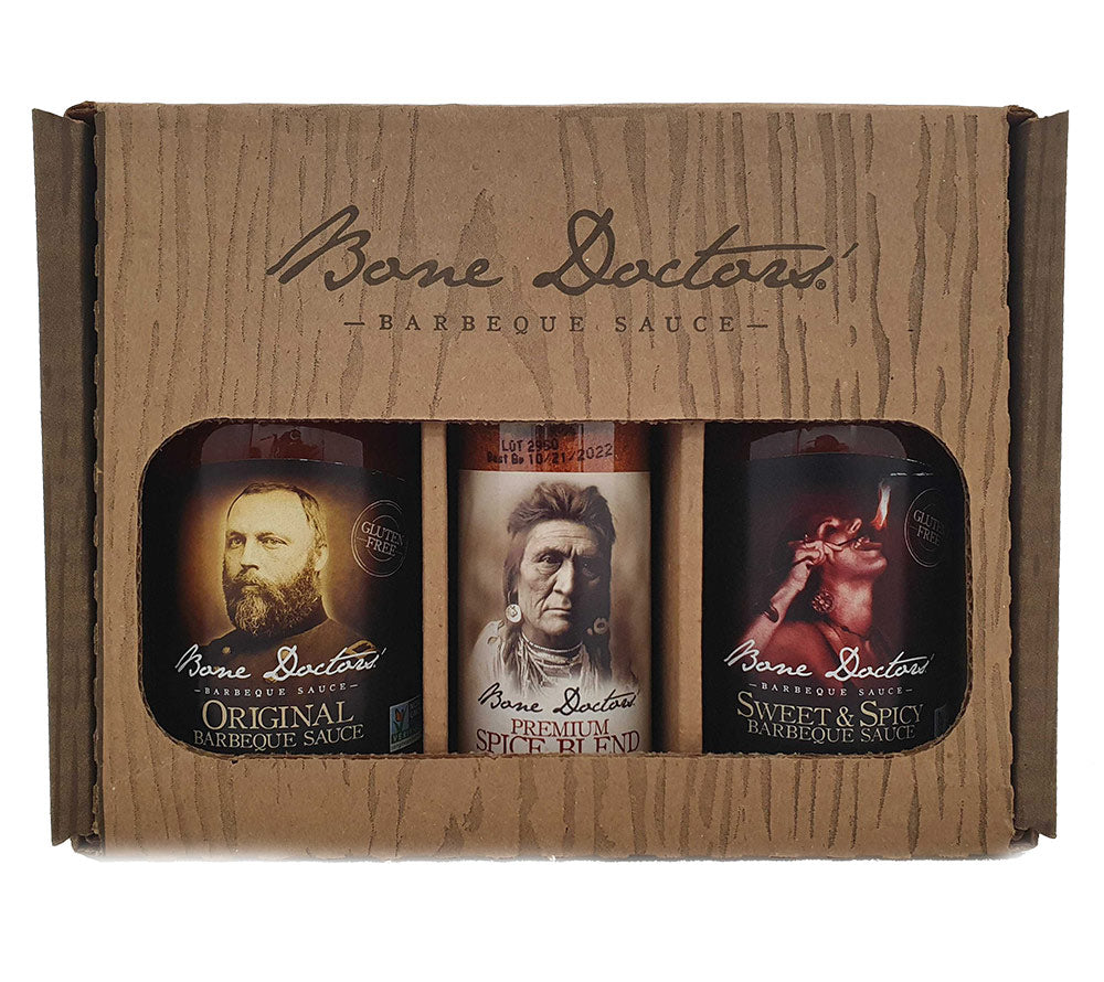 Bone Doctors Saucen-Gewürz-Geschenkset kaufen | Sweet & Spicy Barbecue Sauce, Original Barbecue Sauce und Premium Spice | Ideal als Geschenk