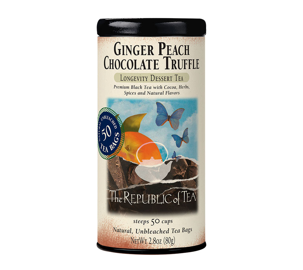 Ginger Peach Chocolate Truffle Black Tea von The Republic of Tea kaufen | Mischung aus Kakao, Medé und Rooibos | Ideal zum Feiern und Genießen