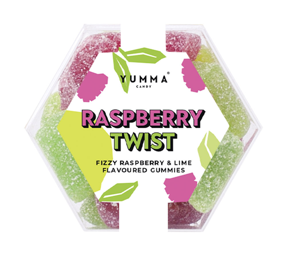 Raspberry Twist Hexagon Box von Yumma Candy kaufen | Unwiderstehliche Kombination von Himbeere und Limette | süß-sauer | Snacken für unterwegs