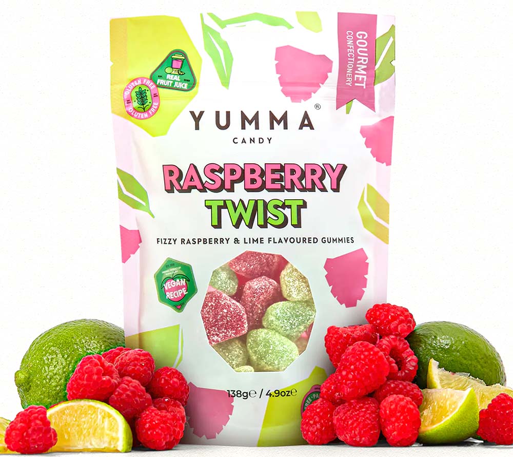 Candy-Raspberry Twist Pouch Bag von Yumma Candy kaufen | Geschmacksexplosion aus süß und sauer | vegan | für alle Naschkatzen