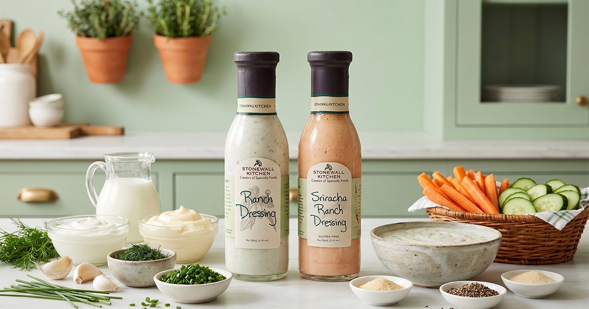 Cremiges Ranch Dressing in einer Schale mit frischen Kräutern, ideal als Dip für Gemüse, Wings und Salate