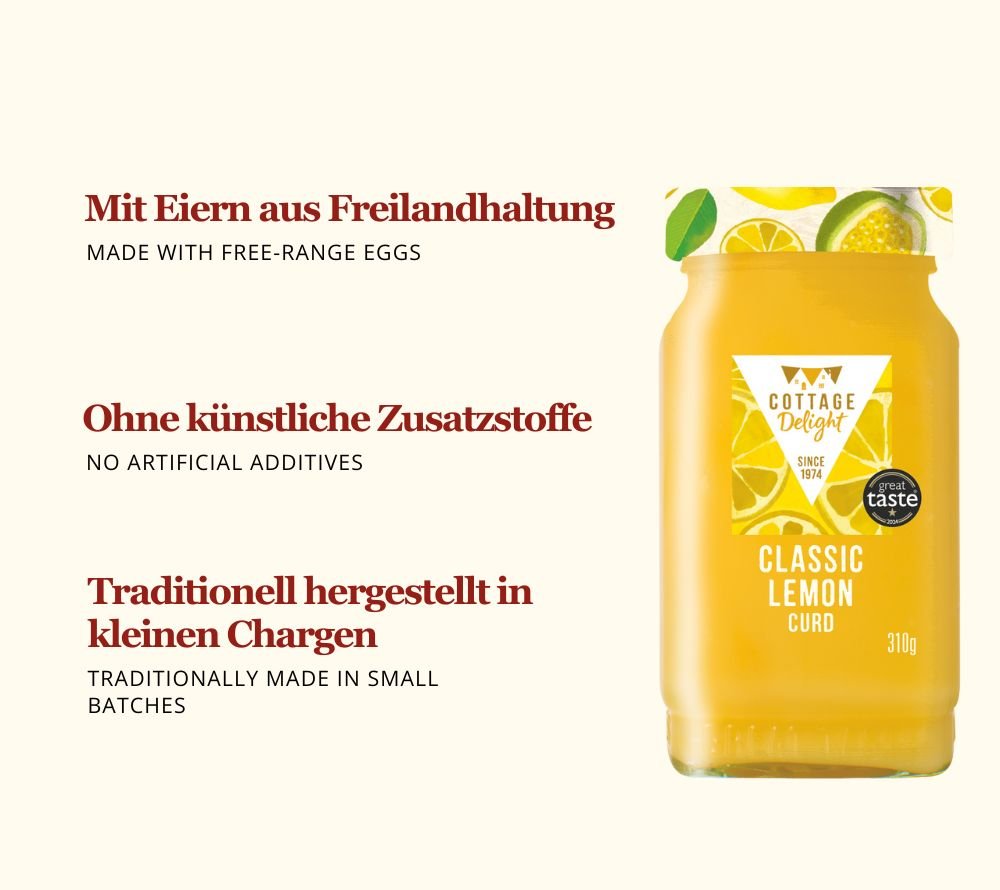 Traditionelle englische Zitronencreme | fruchtig, cremig, handgemacht | sonnengereifte Zitronen mit zart-cremiger Textur | Europaweiter Versand | Jetzt probieren!