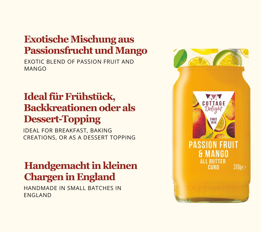 Exotisch-cremiger Fruchtaufstrich mit echter Butter | handgemacht in England | Passionsfrüchte & reife Mangos | Europaweiter Versand | Jetzt probieren!