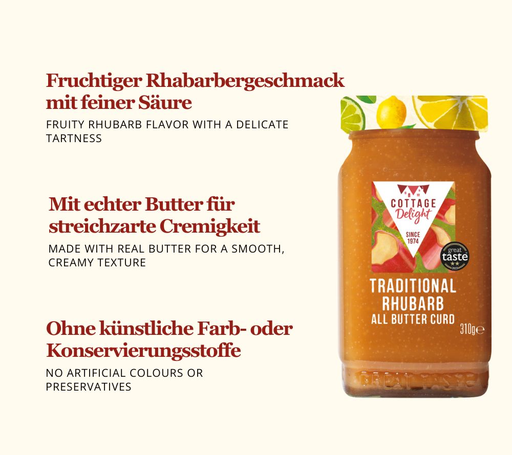Englische Rhabarbercreme mit Butter | fruchtig, cremig, handgemacht | kräftig-fruchtigem Rhabarbergeschmack | verfeinert mit echter Butter | Jetzt probieren!