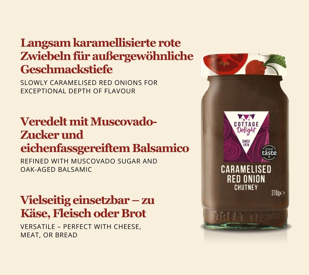 Rote Zwiebeln, Muscovado-Zucker & Eichen-Balsamico | Perfekt zu Steak-Baguette oder herzhaften Tartes | Als aromatische Komponente in dunklen Saucen | Jetzt kaufen!