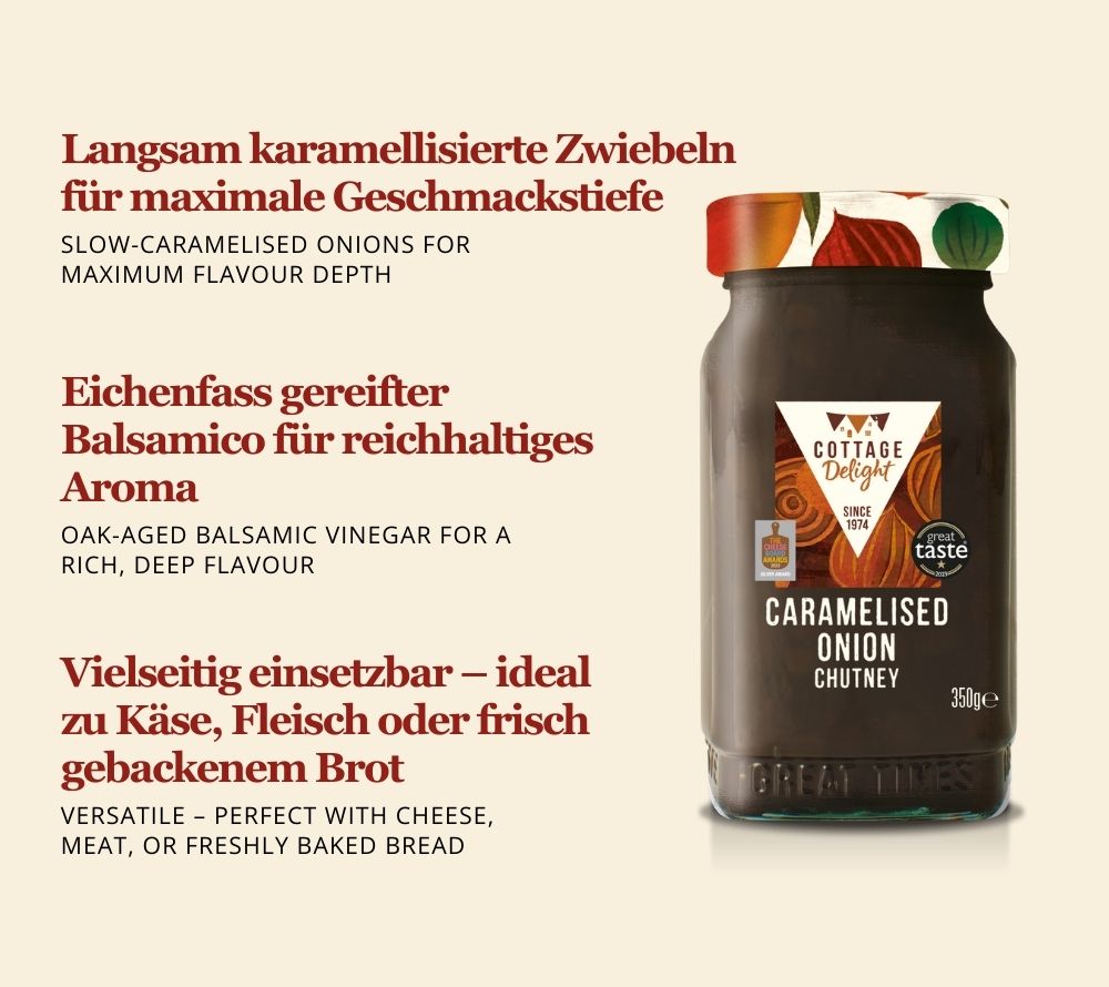 Karamellisierten Zwiebeln & Eichenfass-Balsamico | Zu Käse, Fleisch oder Brot | Auf frisch gebackenem Brot | Europaweiter Versand | Jetzt entdecken!