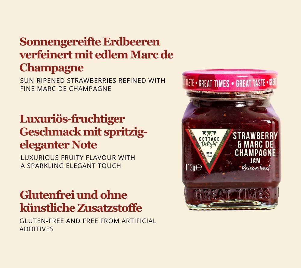 Sonnengereifte Erdbeeren mit edlem Marc de Champagne | Glutenfrei, vegetarisch & vegan | Ohne künstliche Zusatzstoffe | Europaweiter Versand | Jetzt bestellen!