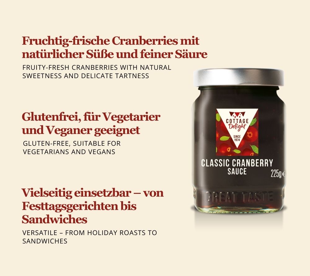 Klassische Cranberry Sauce | Ohne künstliche Zusatzstoffe | Glutenfrei, für Vegetarier & Veganer | Ideal zu Truthahn, Wild, Käseplatten oder Sandwiches | Jetzt kaufen!