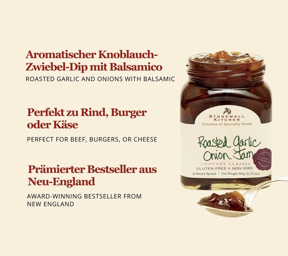 Roasted Garlic Onion Jam von Stonewall Kitchen kaufen | aromatisch gerösteter Knoblauch und Zwiebeln | Perfekt zu Brot mit Frischkäse