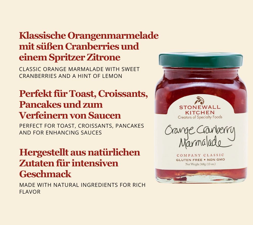 Orange Cranberry Marmalade von Stonewall Kitchen kaufen | fruchtiger, säuerlich-herber Geschmack | Egal ob für Toast, Croissant oder Pancakes