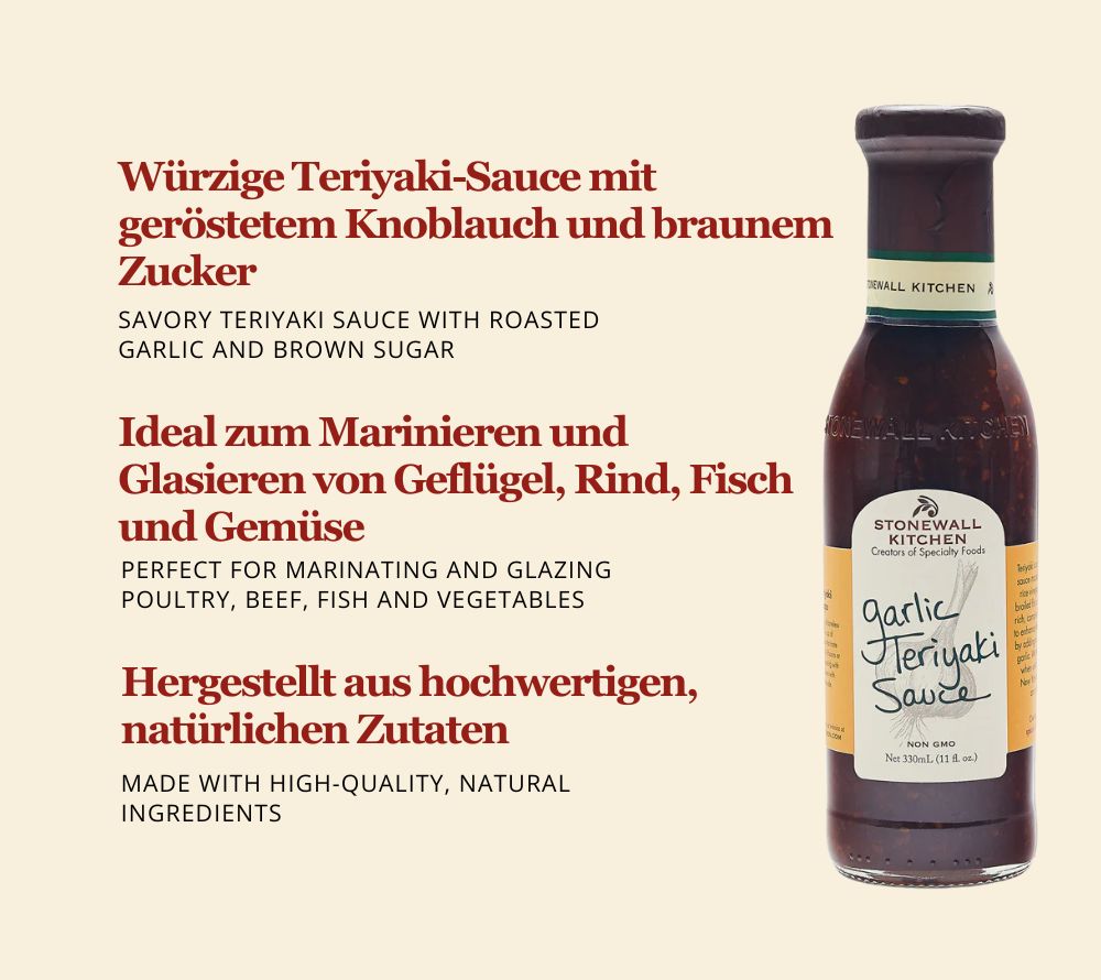Garlic Teriyaki Sauce von Stonewall Kitchen kaufen | Note von Knoblauch und braunem Zucker | Perfekt zum Marinieren und Glasieren