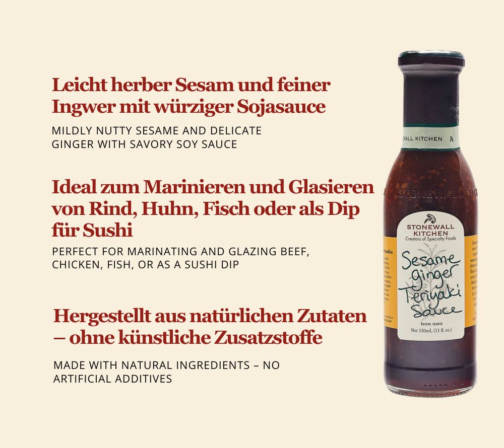 Sesame Ginger Teriyaki Sauce von Stonewall Kitchen kaufen | Sojasauce mit Ingwer, Sesamöl und Honig | Ideal zum Marinieren und Glasieren