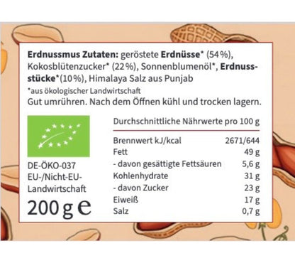 Knackige Erdnussstücke,  Peanut Butter, Kokosblütenzucker & pinkem Himalayasalz | 100 % pflanzlich, ohne Palmöl & ohne Zusätze | Europaweiter Versand | Jetzt bestellen!