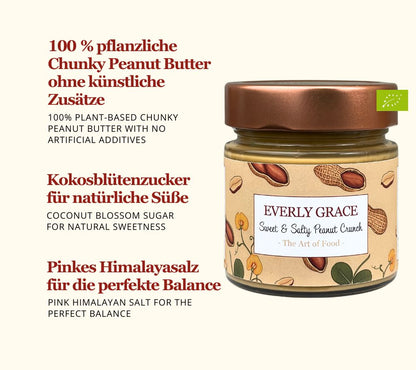 Knackige Erdnussstücke,  Peanut Butter, Kokosblütenzucker & pinkem Himalayasalz | 100 % pflanzlich, ohne Palmöl & ohne Zusätze | Europaweiter Versand | Jetzt bestellen!
