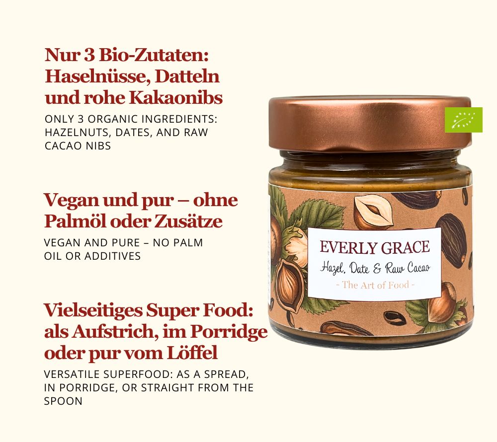 Geröstete Haselnüsse, Datteln & rohen Kakaonibs | ganz ohne Zuckerzusatz | ohne Palmöl oder künstliche Zusätze | Europaweiter Versand | Jetzt probieren!