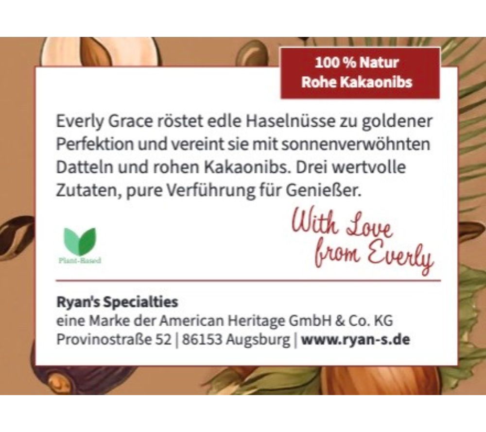 Geröstete Haselnüsse, Datteln & rohen Kakaonibs | ganz ohne Zuckerzusatz | ohne Palmöl oder künstliche Zusätze | Europaweiter Versand | Jetzt probieren!
