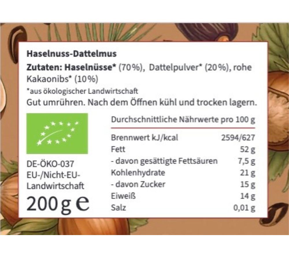 Geröstete Haselnüsse, Datteln & rohen Kakaonibs | ganz ohne Zuckerzusatz | ohne Palmöl oder künstliche Zusätze | Europaweiter Versand | Jetzt probieren!