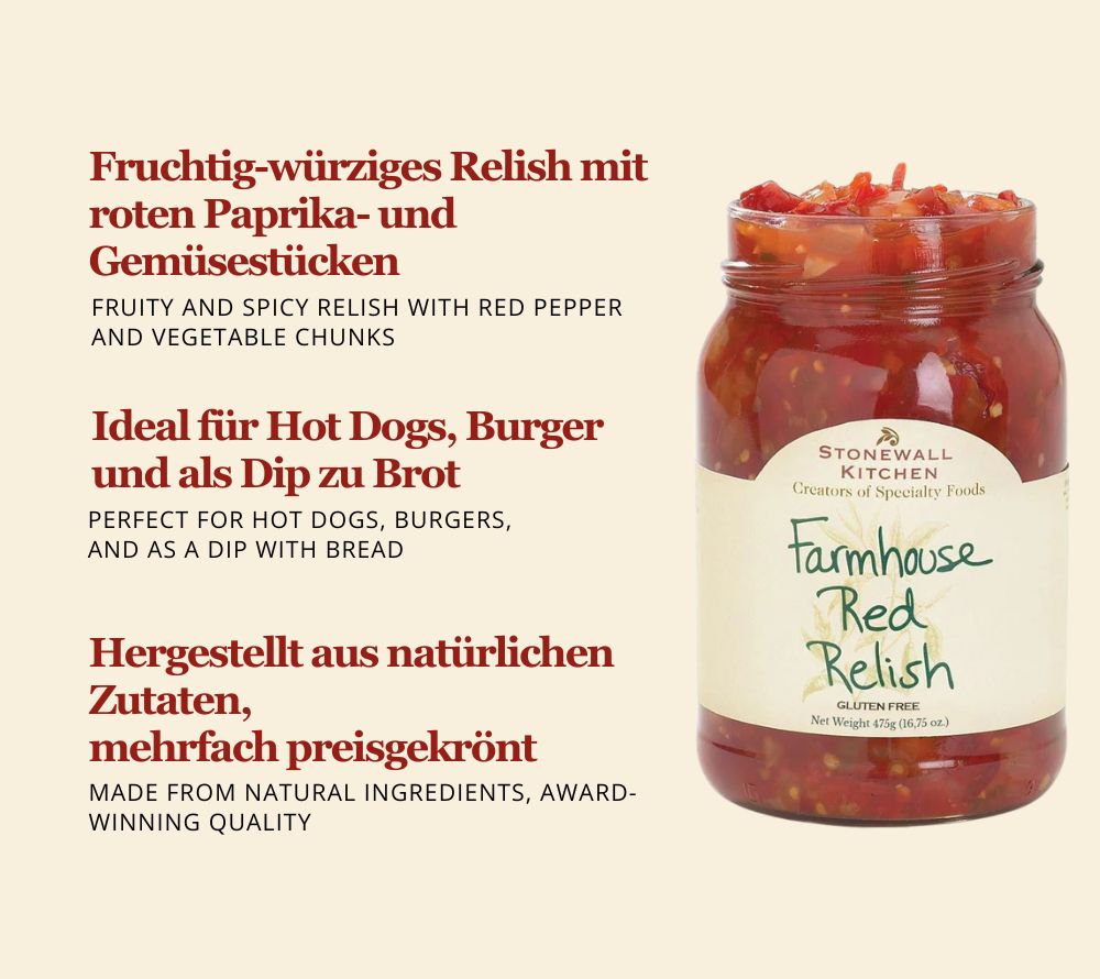 Farmhouse Red Relish von Stonewall Kitchen kaufen | leichte Schärfe mit Paprika und Zwiebeln | Ideal zu Hot Dogs und Burger