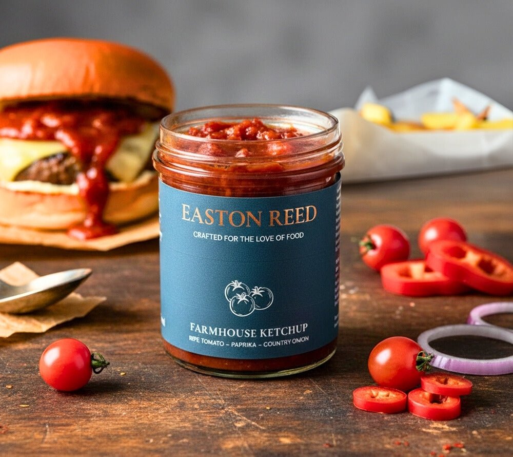 Rauchig, fruchtig, mild gewürzt: Barbecue Ketchup von Easton Reed bringt Sommer, Grillmomente und Geschmack direkt auf den Teller – perfekt für Burger, Fleisch & Gemüse.
