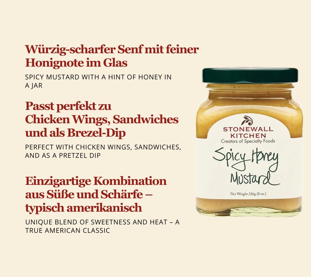 Spicy Honey Mustard von Stonewall Kitchen kaufen | süß-scharfer Senf mit Honig | Ideal zu Chicken Wings, Pommes und als Brezel-Dip