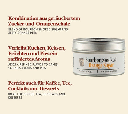 Bourbon Smoked Orange Sugar online kaufen bei Ryan’s Specialties – geräucherter Zucker mit Orangenaroma für Desserts, Kaffee & kreative Drinks.