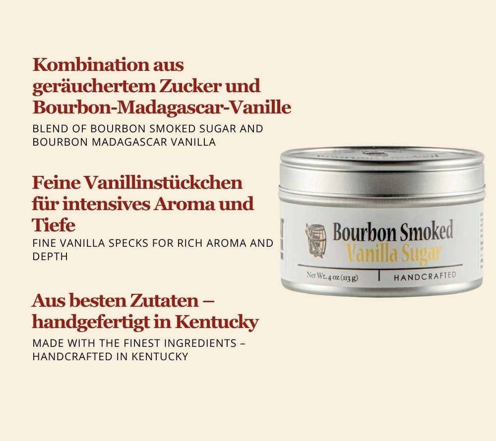 Bourbon Smoked Vanilla Sugar online kaufen bei Ryan’s Specialties – geräucherter Zucker mit Bourbon-Vanille für Desserts, Kuchen & Drinks.