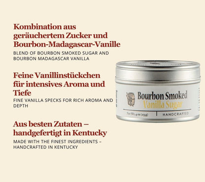 Bourbon Smoked Vanilla Sugar online kaufen bei Ryan’s Specialties – geräucherter Zucker mit Bourbon-Vanille für Desserts, Kuchen & Drinks.