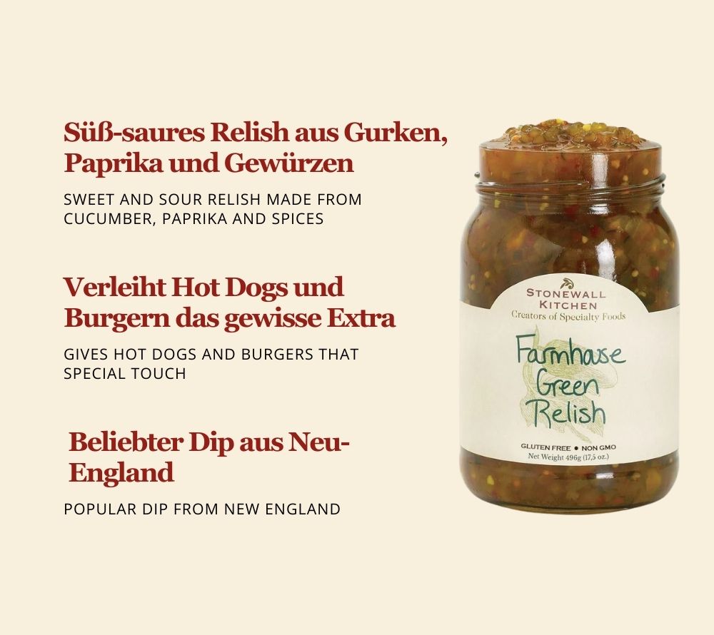Farmhouse Green Relish von Stonewall Kitchen kaufen | knackig-frischer Geschmack mit Gurke, Paprika, Gewürze | Perfekt für Hotdogs | EU-weiter Versand