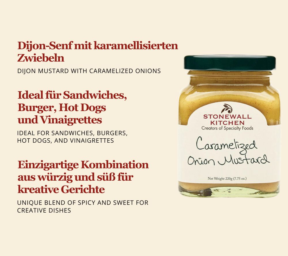 Caramelized Onion Mustard von Stonewall Kitchen kaufen | würziger Dijon Senf mit karamellisierten Zwiebeln | Ideal zu Sandwiches, Burger, Hotdogs 