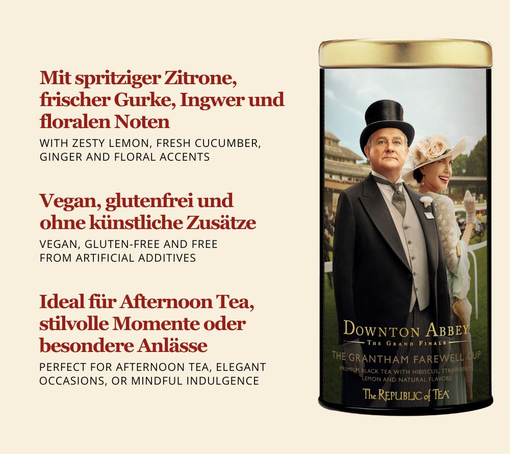 Downton Abbey The Grantham Farewell Cup Black Tea – eleganter Schwarztee mit Zitrus & Ingwer. Jetzt bei Ryan’s Specialties online bestellen.
