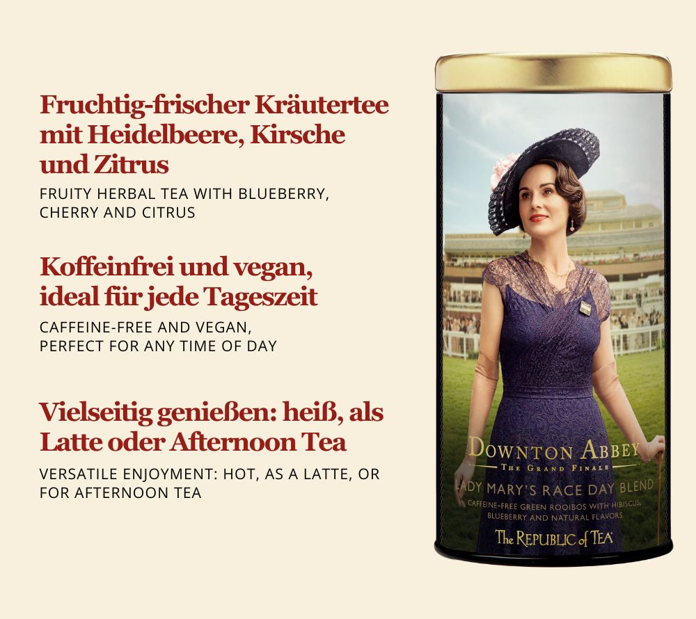 Downton Abbey Lady Mary’s Race Day Herbal Blend – fruchtig-frischer Kräutertee mit Rooibos & Beeren. Jetzt bei Ryan’s Specialties online kaufen.