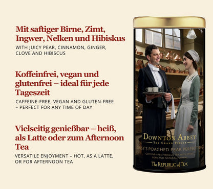 Downton Abbey Daisy’s Poached Pear Perfection – fruchtig-würziger Kräutertee mit Birne & Zimt. Jetzt bei Ryan’s Specialties online kaufen.