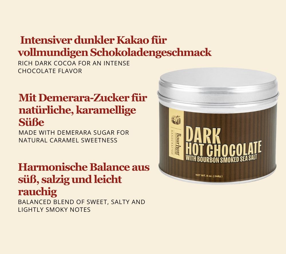 Dunkle Hot Chocolate mit Bourbon Smoked Sea Salt: intensiv, cremig & leicht rauchig. Perfekt für Getränke, Desserts und winterliche Genussmomente. Jetzt testen!